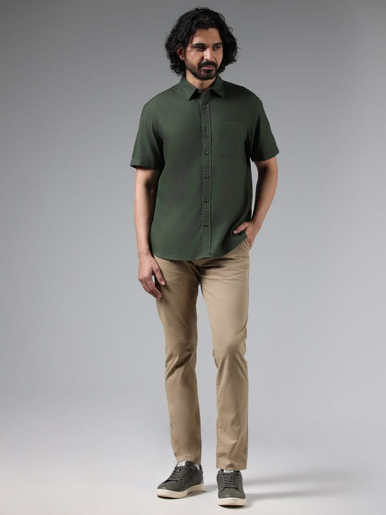 WES Casuals Solid Olive Cotton Blend Relaxed-Fit Shirt