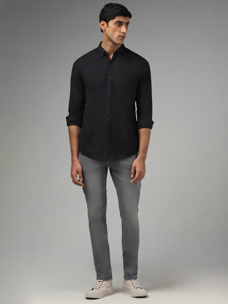 WES Casuals Solid Black Cotton Slim-Fit Shirt