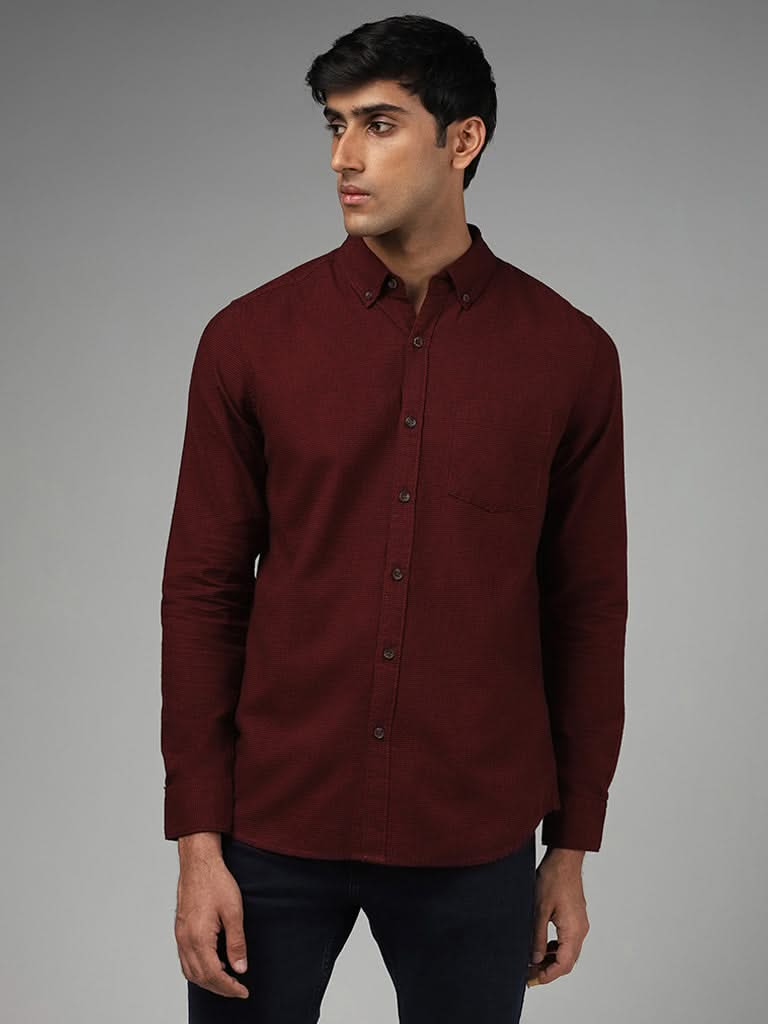 WES Casuals Wine Pin Checked Cotton Slim-Fit Shirt