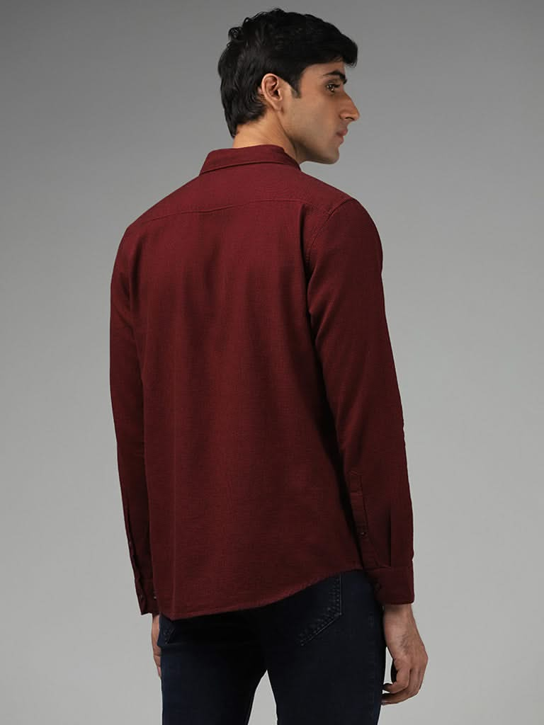 WES Casuals Wine Pin Checked Cotton Slim-Fit Shirt