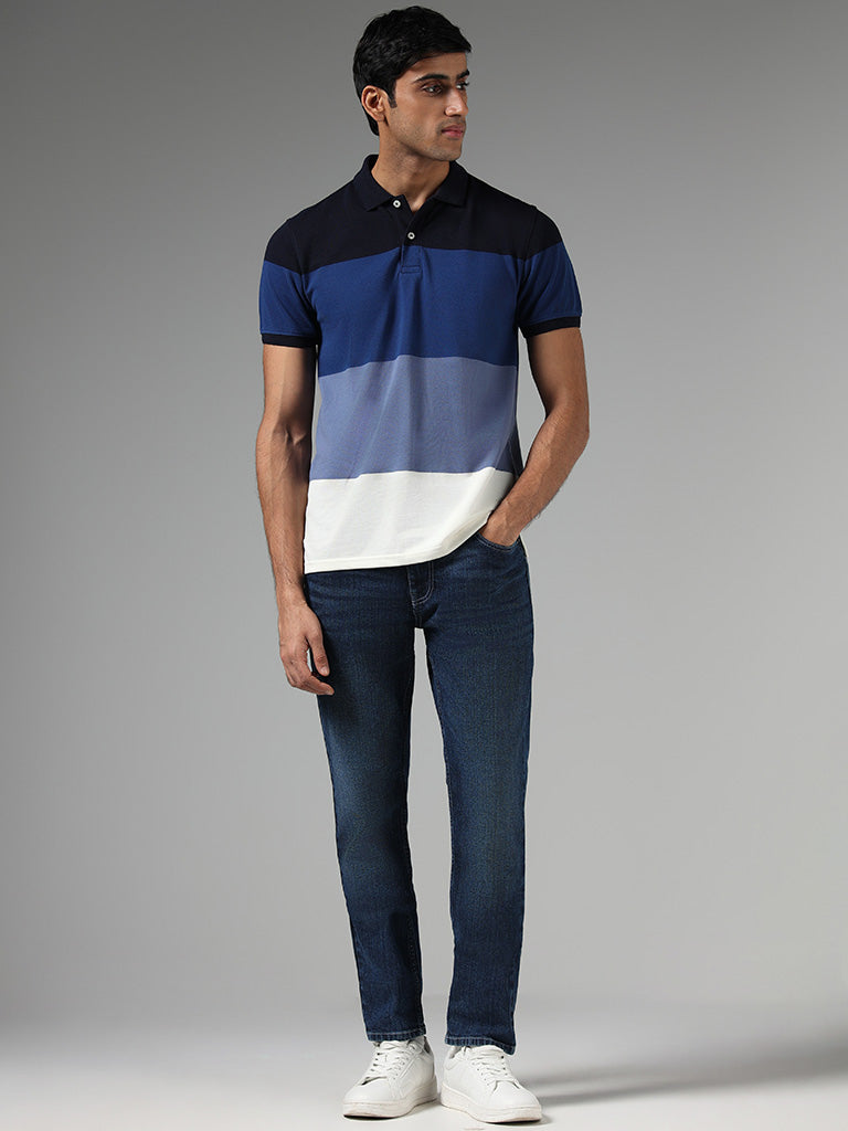 WES Casuals Navy Colorblock Slim-Fit Polo T-Shirt