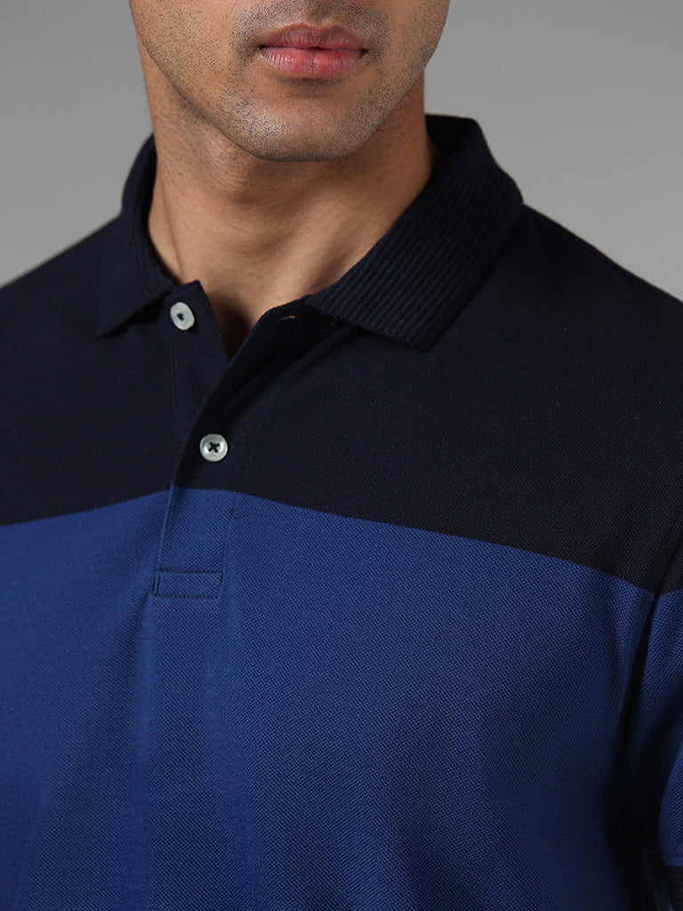 WES Casuals Navy Colorblock Slim-Fit Polo T-Shirt