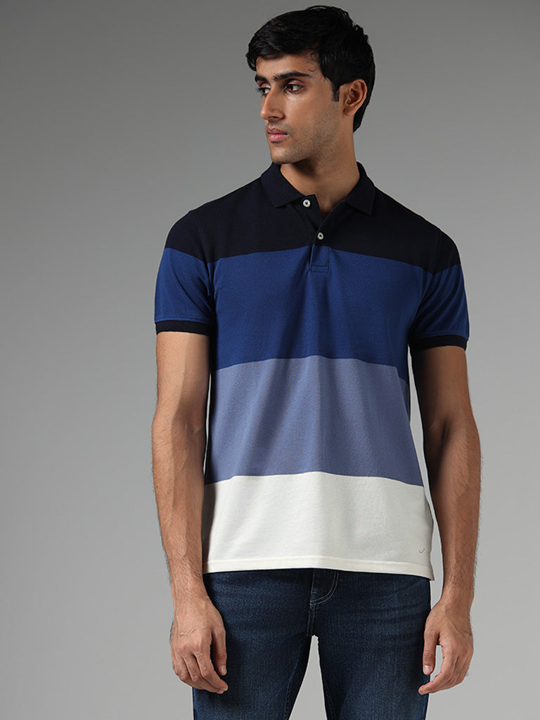 WES Casuals Navy Colorblock Slim-Fit Polo T-Shirt