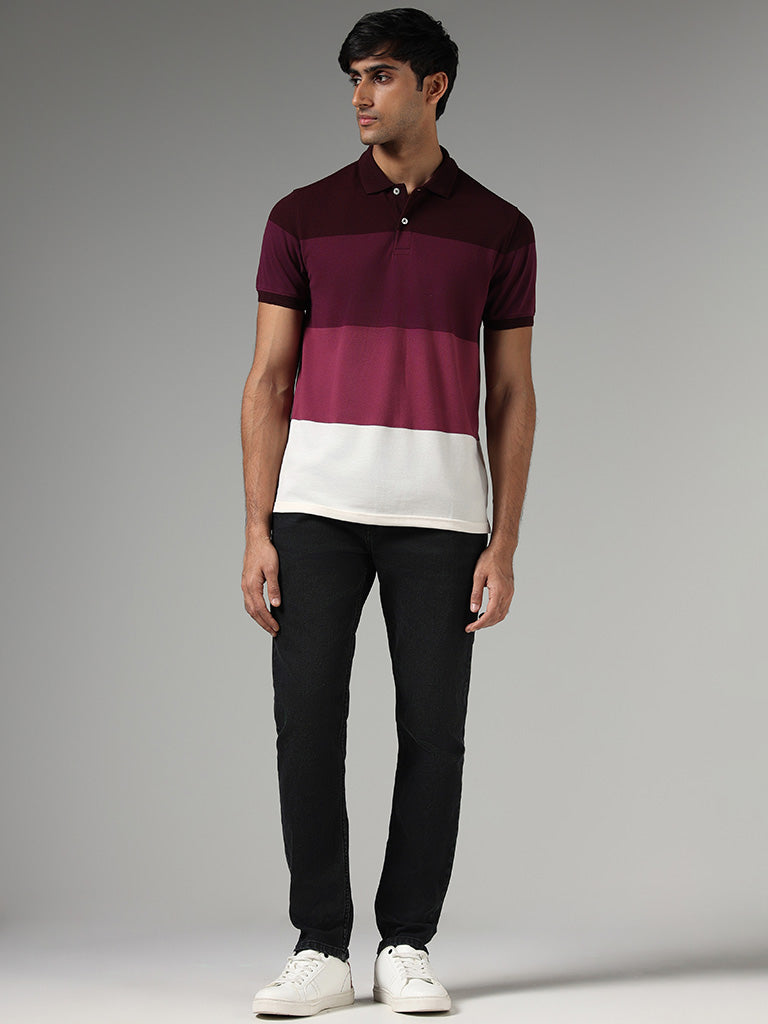 WES Casuals Wine Colorblock Slim-Fit Polo T-Shirt