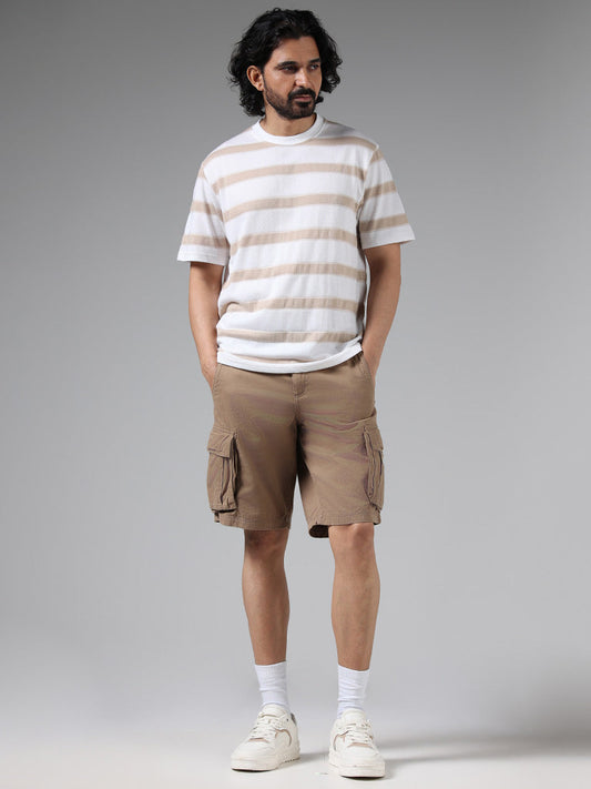 WES Casuals Solid Beige Mid-Rise Cotton Relaxed-Fit Shorts