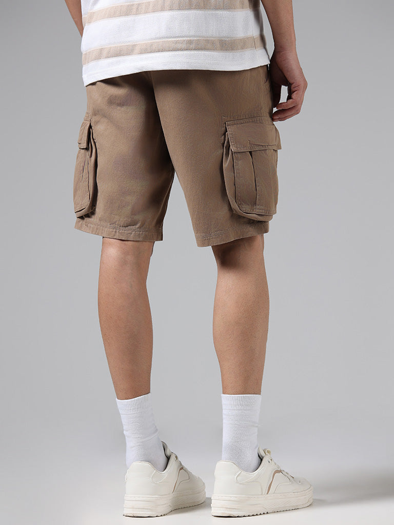 WES Casuals Solid Beige Mid-Rise Cotton Relaxed-Fit Shorts