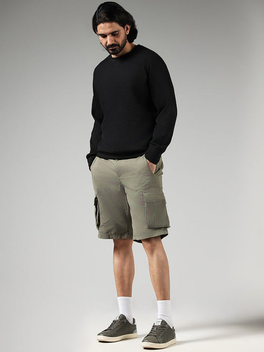 WES Casuals Solid Olive Cotton Relaxed-Fit Mid-Rise Shorts