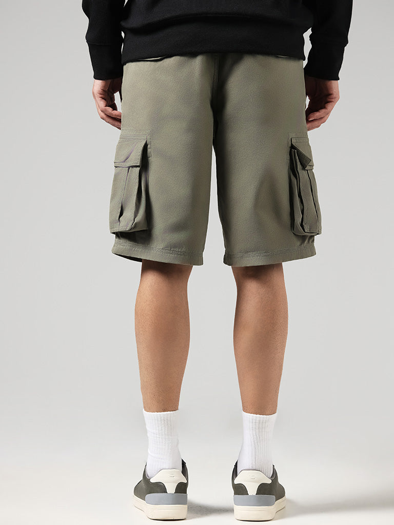 WES Casuals Solid Olive Cotton Relaxed-Fit Mid-Rise Shorts