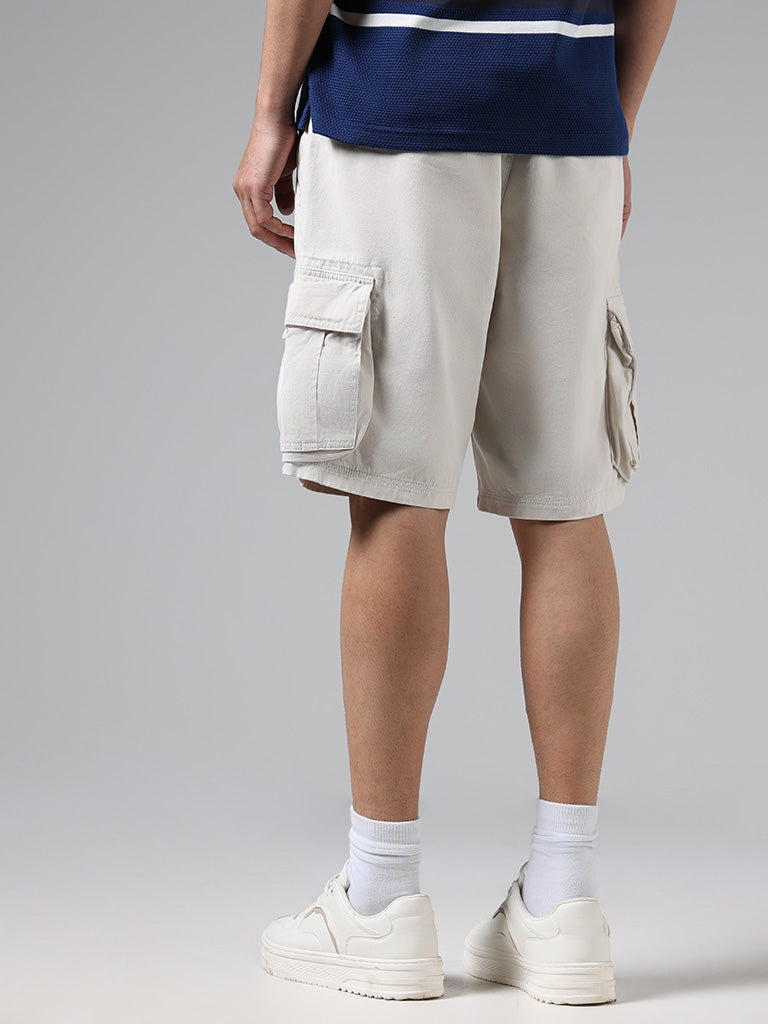 WES Casuals Solid Beige Mid-Rise Cotton Relaxed-Fit Shorts