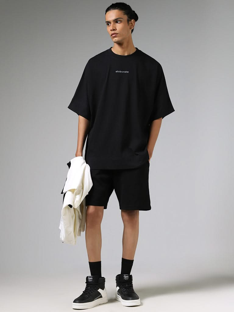 Studiofit Black Drop Shoulder Cotton Relaxed-Fit T-Shirt