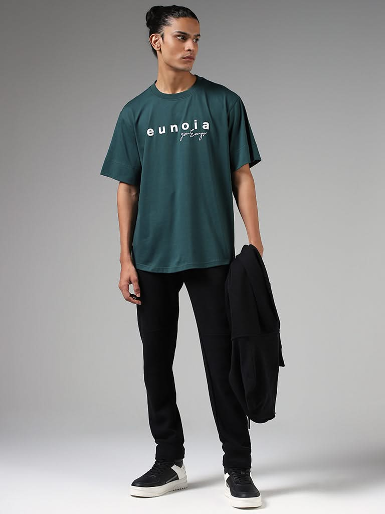 Studiofit Emerald Green Printed Cotton Relaxed-Fit T-Shirt