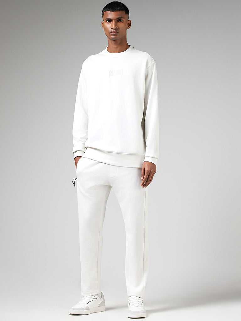 Studiofit White Embroidered Cotton Blend Relaxed-Fit Sweatshirt