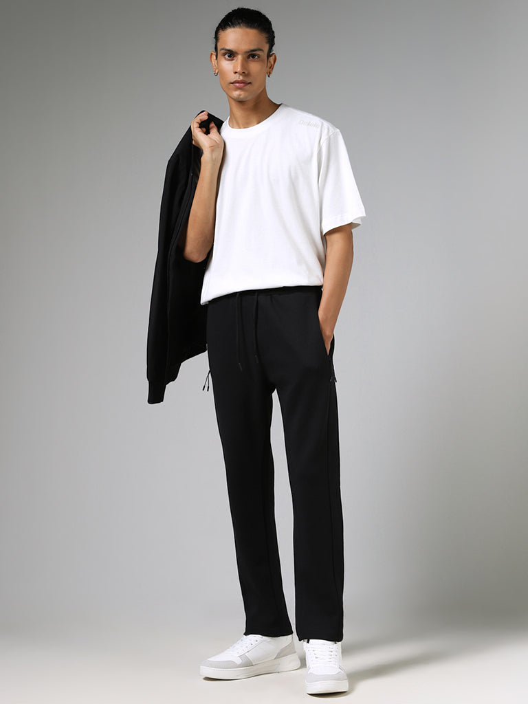 Studiofit Solid Black Relaxed-Fit Mid-Rise Track Pants