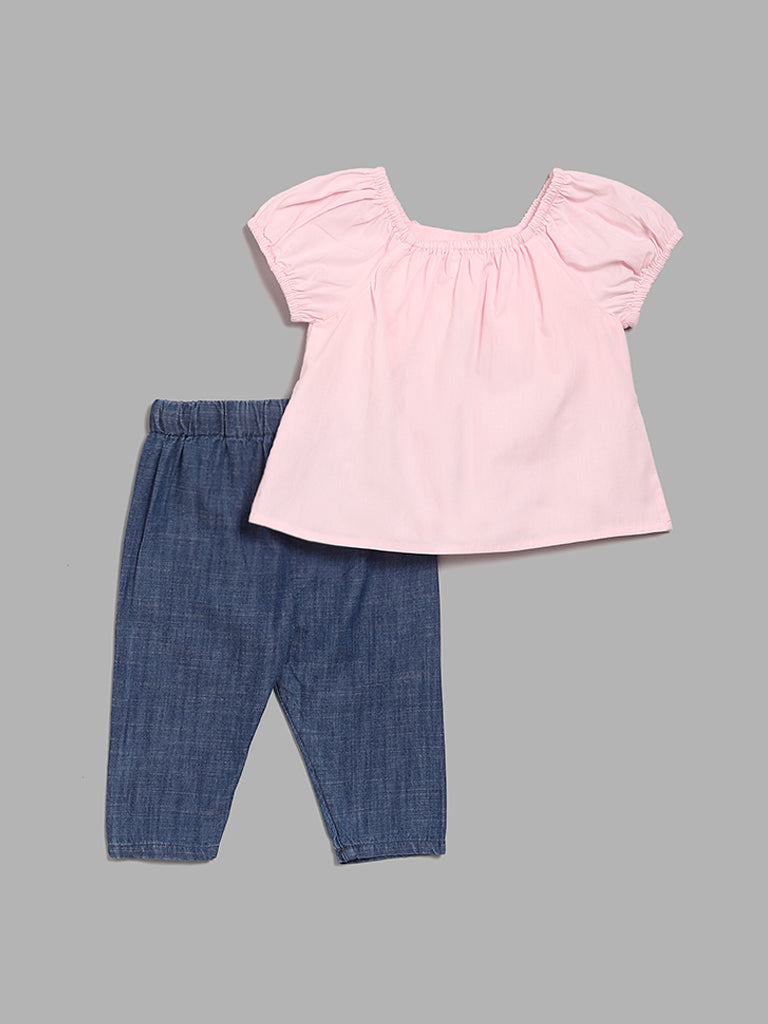 HOP Baby Pink Bow-Adorned Top with Denim Pants