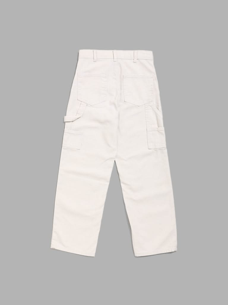 Y&F Kids Solid Off White Relaxed - Fit Mid - Rise Jeans