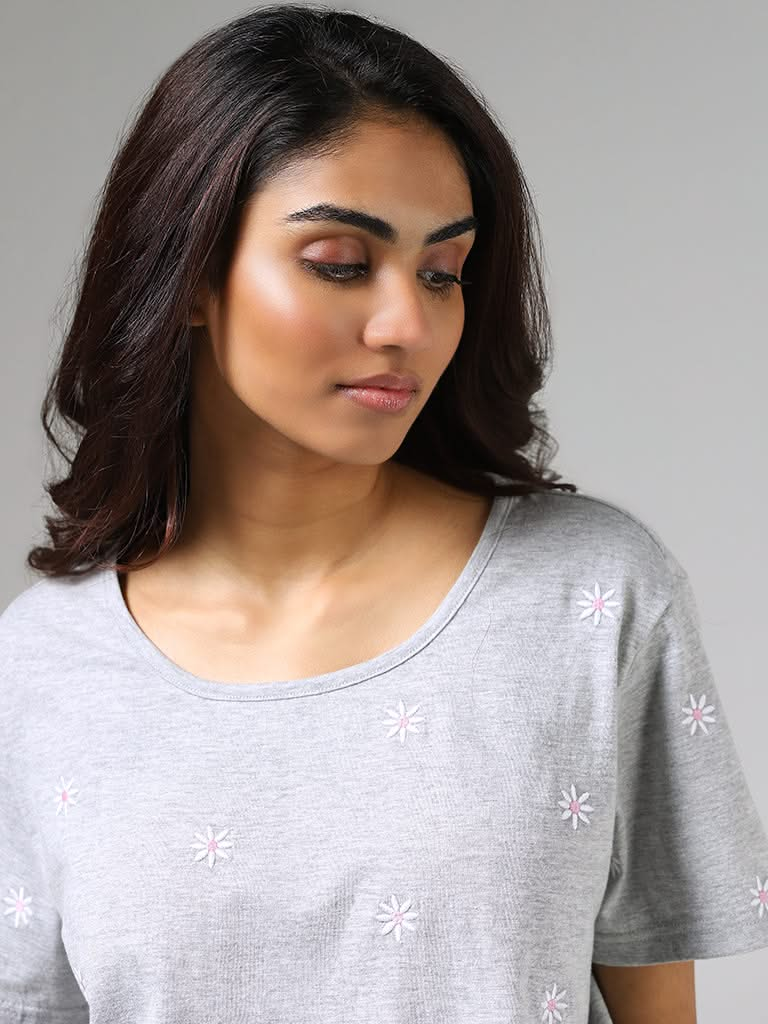 Wunderlove Grey Melange Stumpwork Embroidered T-Shirt