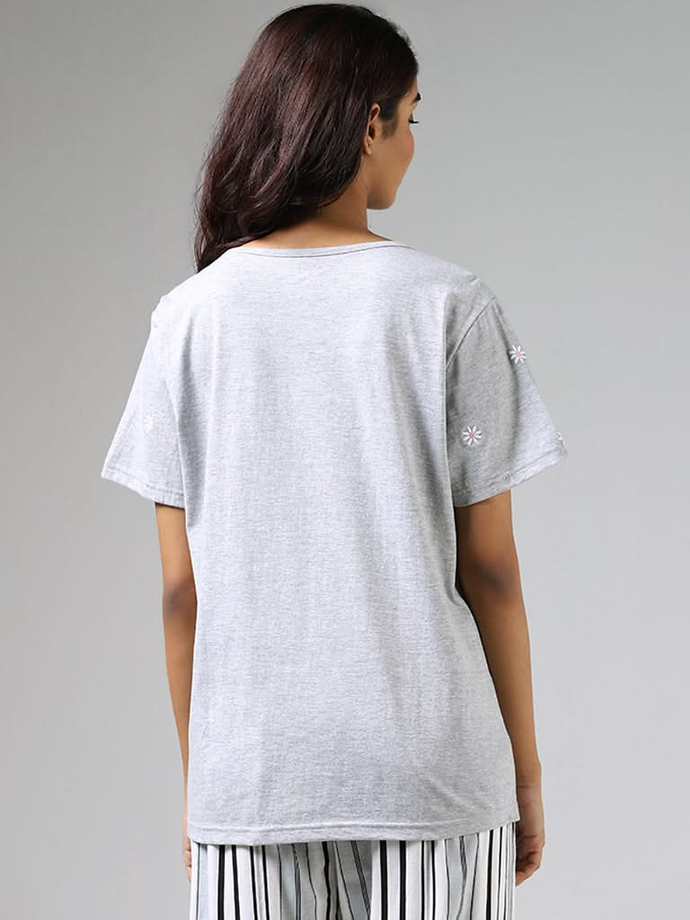 Wunderlove Grey Melange Stumpwork Embroidered T-Shirt