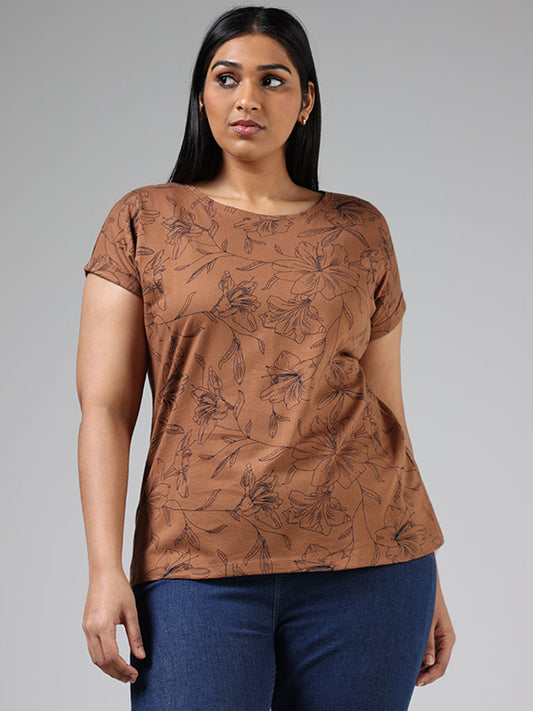 Gia Tan Brown Floral Printed Cotton T-Shirt