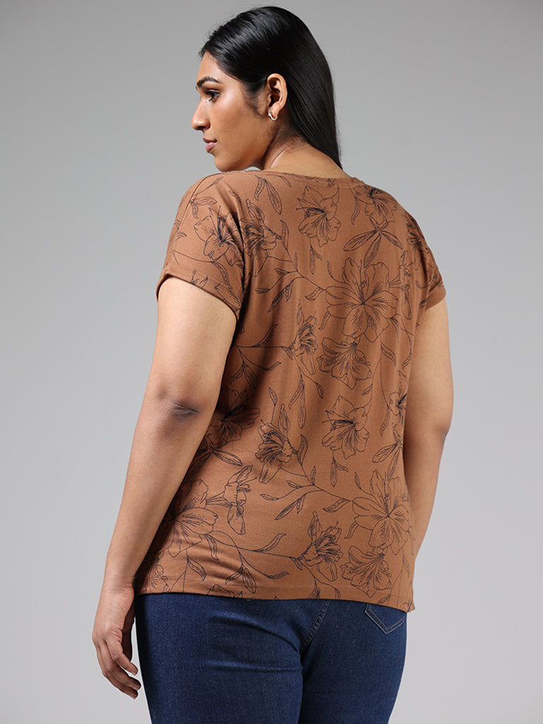 Gia Tan Brown Floral Printed Cotton T-Shirt