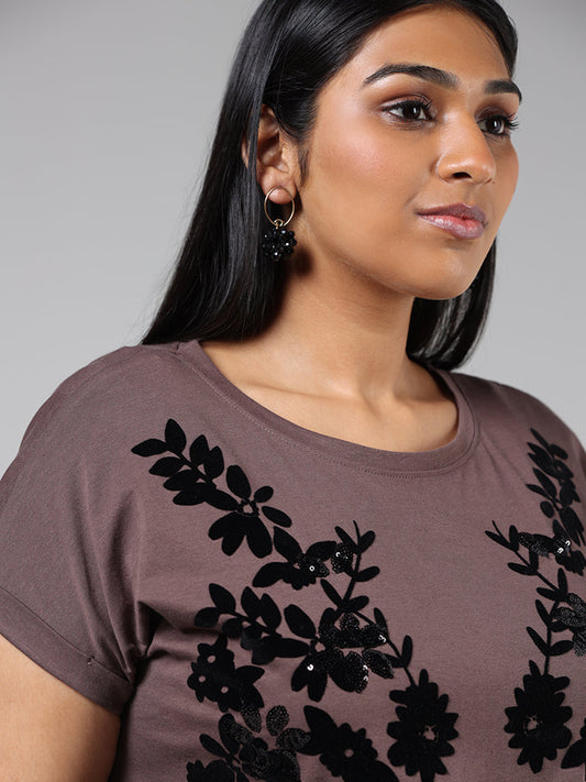 Gia Chocolate Brown Floral Sequined Embroidery Cotton T-Shirt