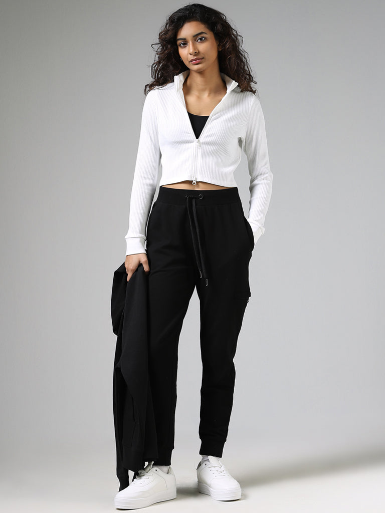 Studiofit White Cotton Blend Ribbed Crop Jacket