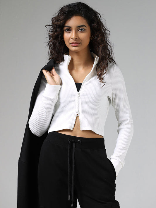 Studiofit White Cotton Blend Ribbed Crop Jacket