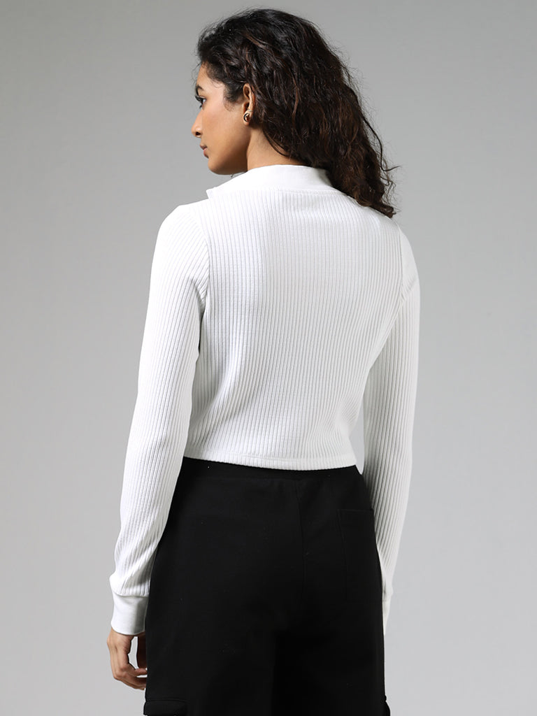 Studiofit White Cotton Blend Ribbed Crop Jacket