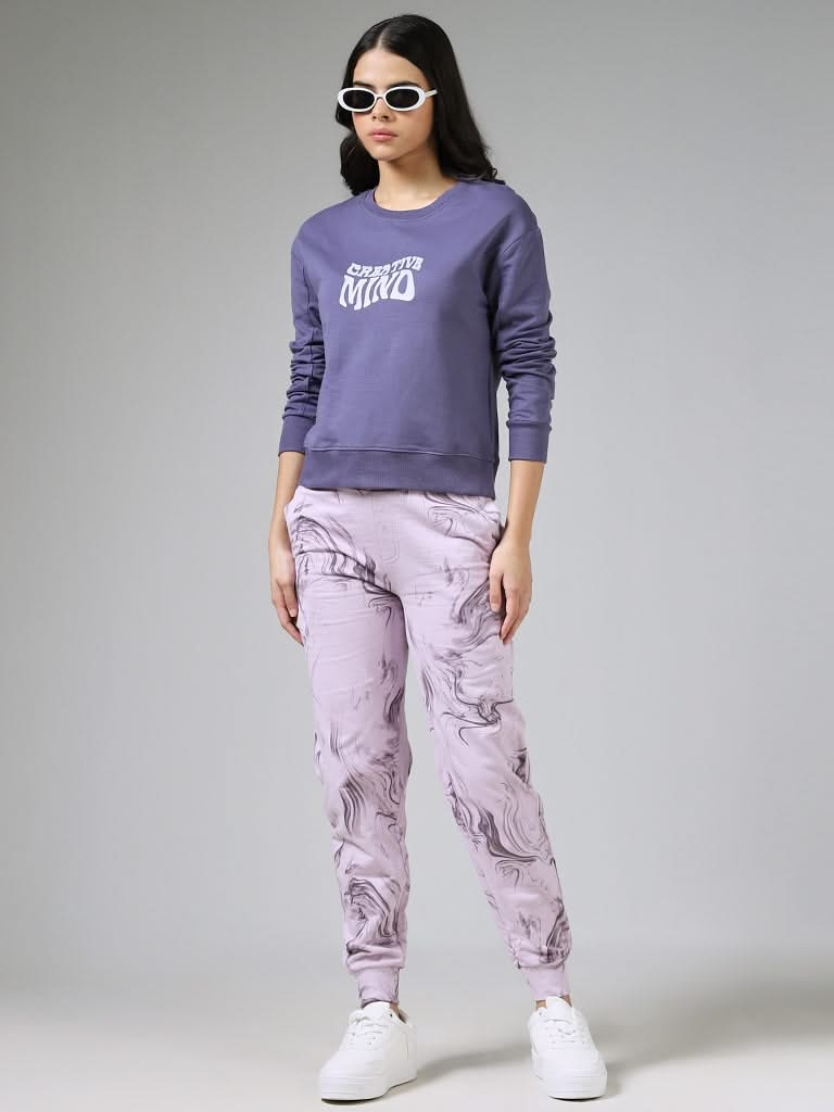 Studiofit Typography Printed Light Purple Cotton Ribbed Sweatshirt