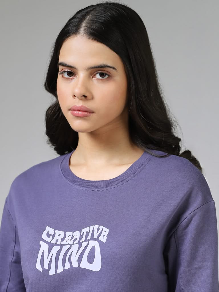 Studiofit Typography Printed Light Purple Cotton Ribbed Sweatshirt