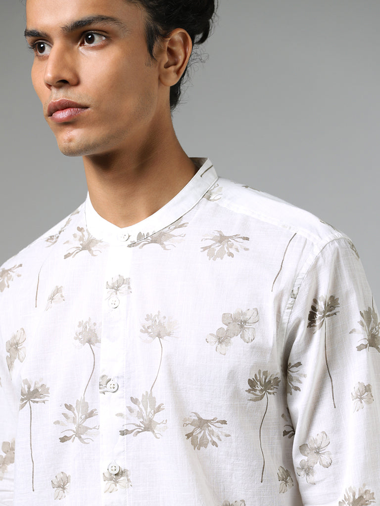 ETA Off White Floral Printed Cotton Resort-Fit Shirt