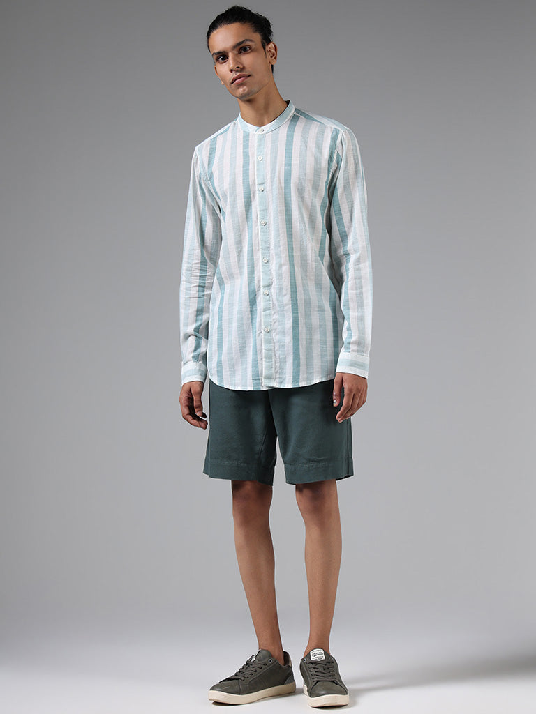 ETA Teal Striped Printed Cotton Resort-Fit Shirt