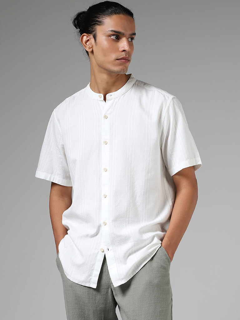 ETA Off White Self Striped Cotton Blend Resort-Fit Shirt