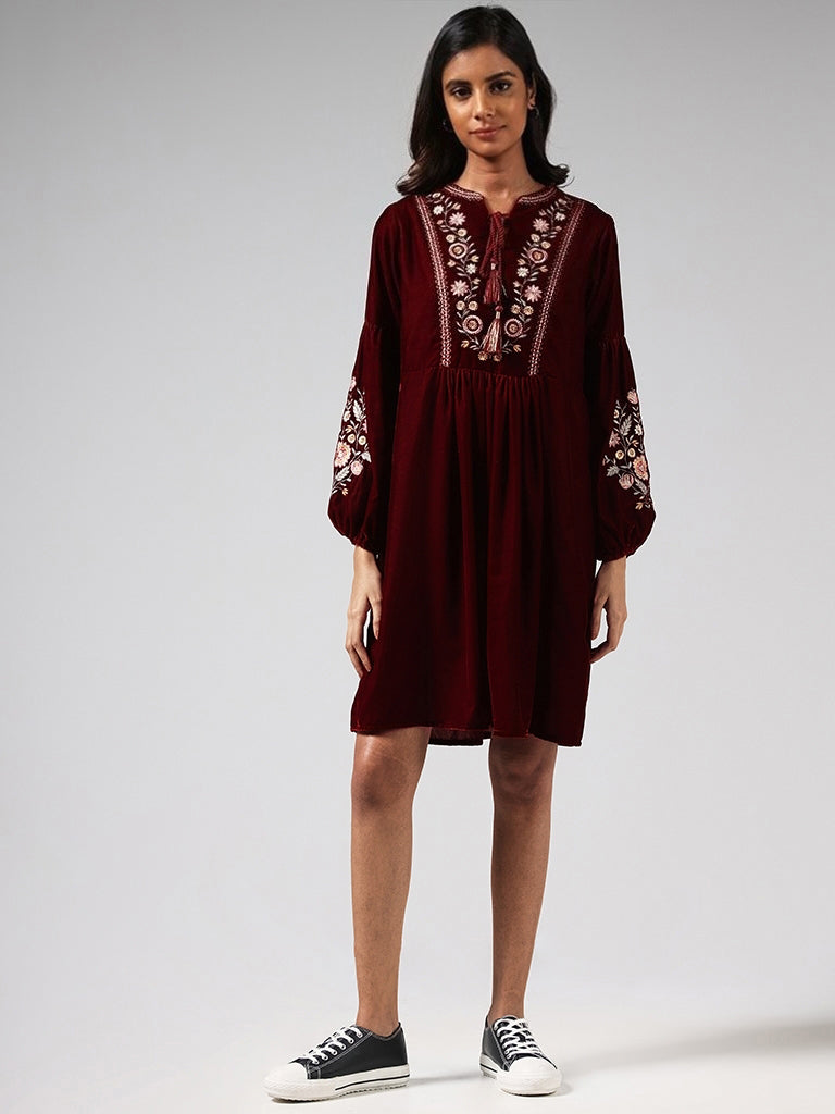 Bombay Paisley Maroon Floral Printed Velvet Dress