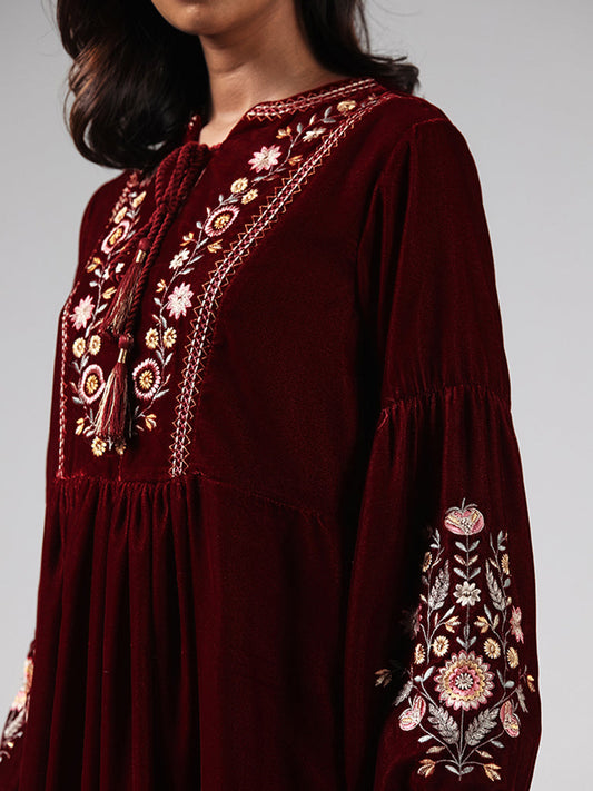 Bombay Paisley Maroon Floral Printed Velvet Dress