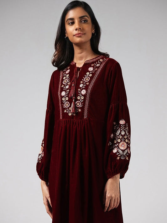 Bombay Paisley Maroon Floral Printed Velvet Dress