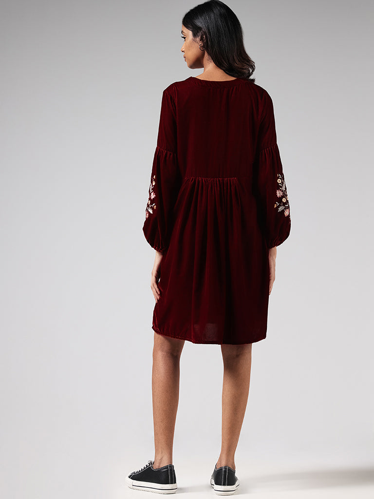 Bombay Paisley Maroon Floral Printed Velvet Dress