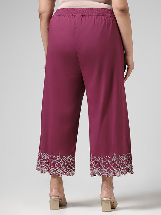 Diza Purple Floral Hem Embroidered Cotton Straight Pants