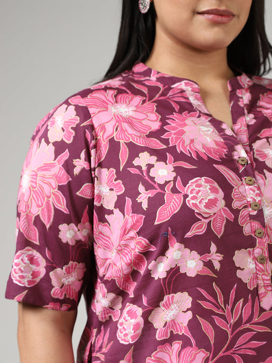 Diza Pink Wild Floral Printed Cotton Kurta