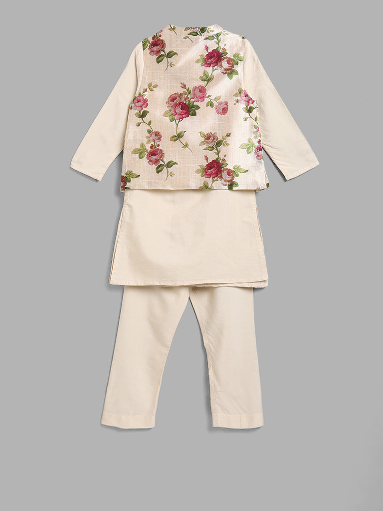 Utsa Kids Cream Kurta with Floral Jacket & Pants Set (2 - 8yrs)