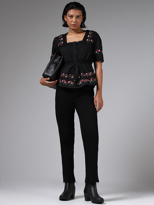 LOV Floral Embroidered Black Cotton Top