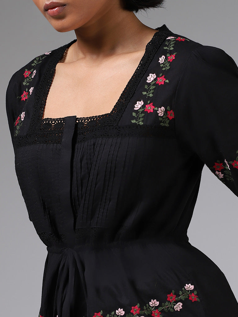 LOV Floral Embroidered Black Cotton Top