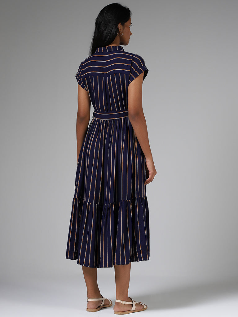 LOV Indigo Blue Striped Tiered Dress with Belt