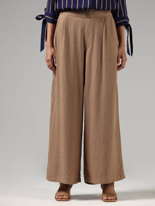 LOV Solid Beige Wide-Leg Linen Trousers