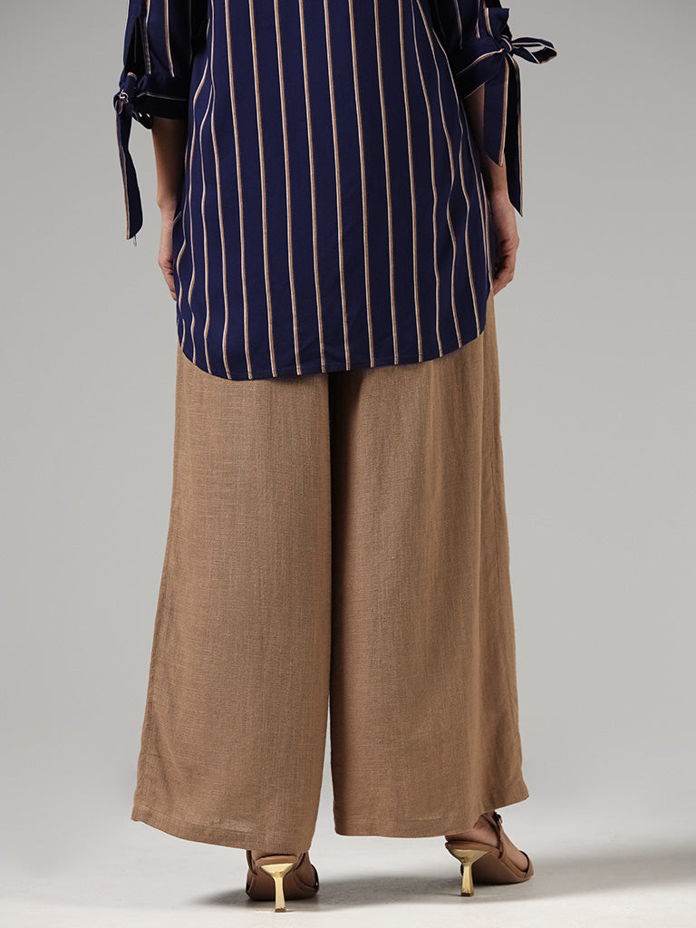 LOV Solid Beige Wide-Leg Linen Trousers