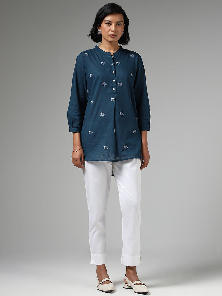 Utsa Floral Embroidered Blue Kurti