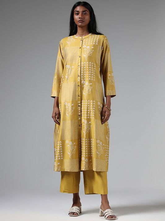 Zuba Ochre Yellow Printed Button Down Kurta