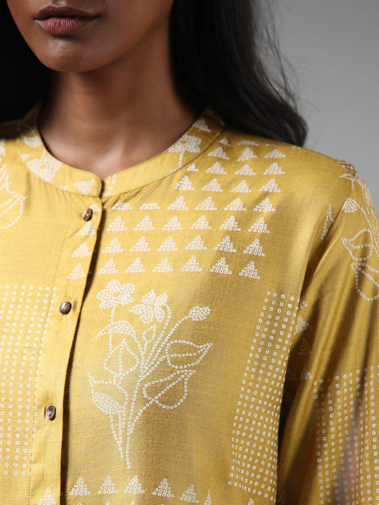 Zuba Ochre Yellow Printed Button Down Kurta