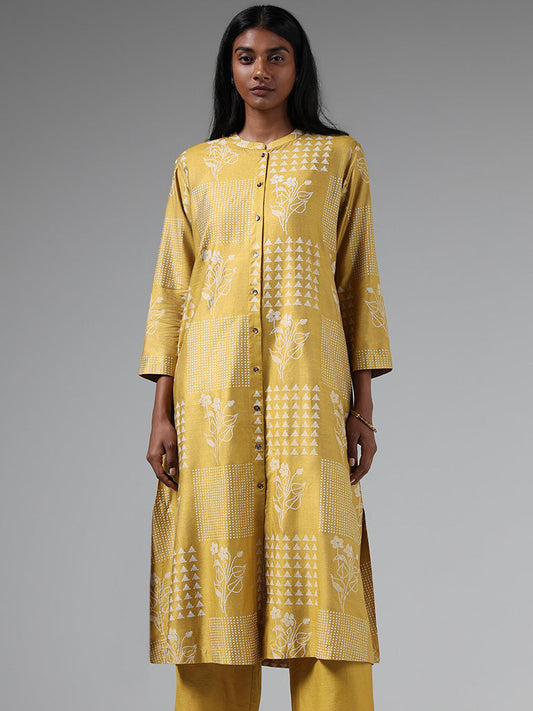 Zuba Ochre Yellow Printed Button Down Kurta