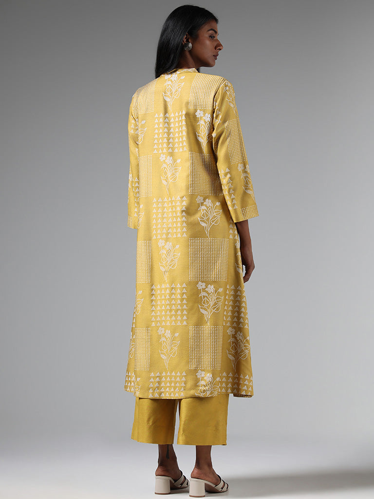 Zuba Ochre Yellow Printed Button Down Kurta