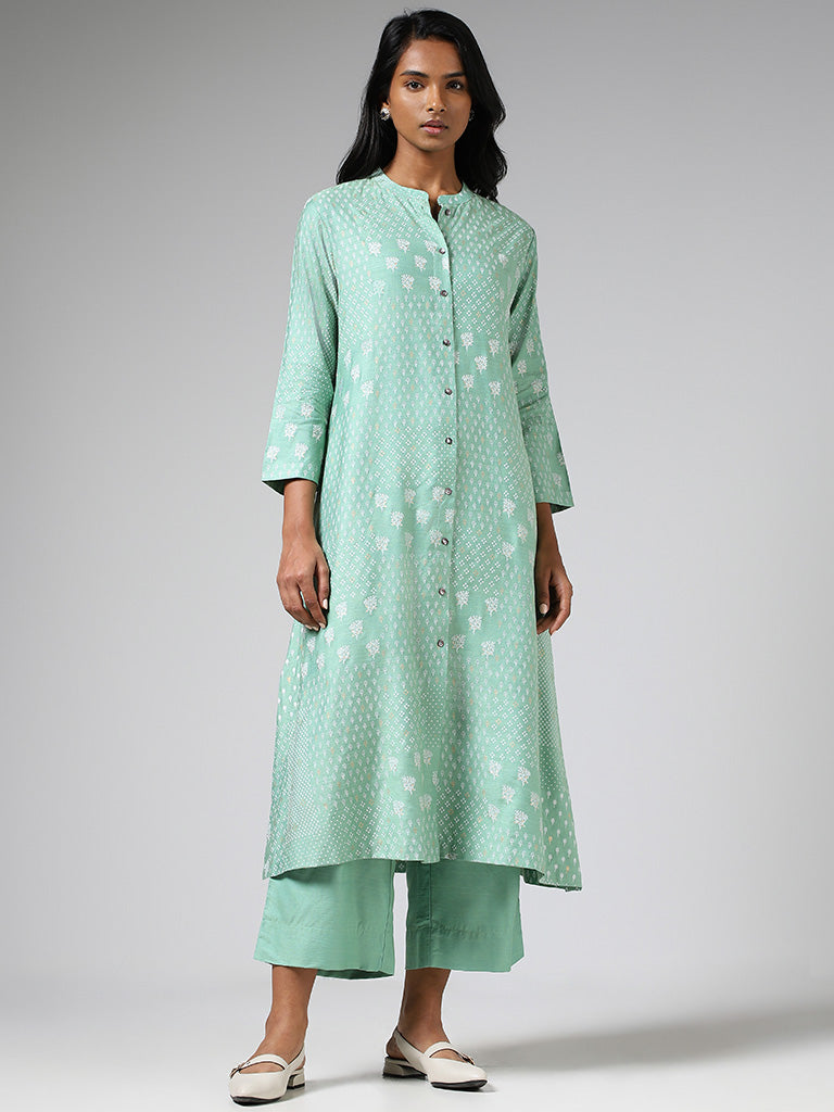 Zuba Sea Green Printed Cotton Blend Buttoned Down Kurta